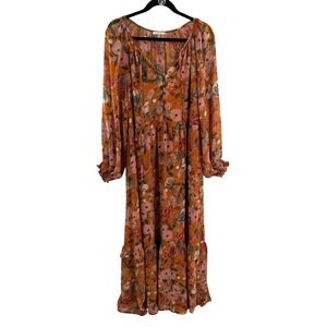 Kate & Sam Floral Maxi Dress Long Sleeve Orange Pink Boho Flowy XL